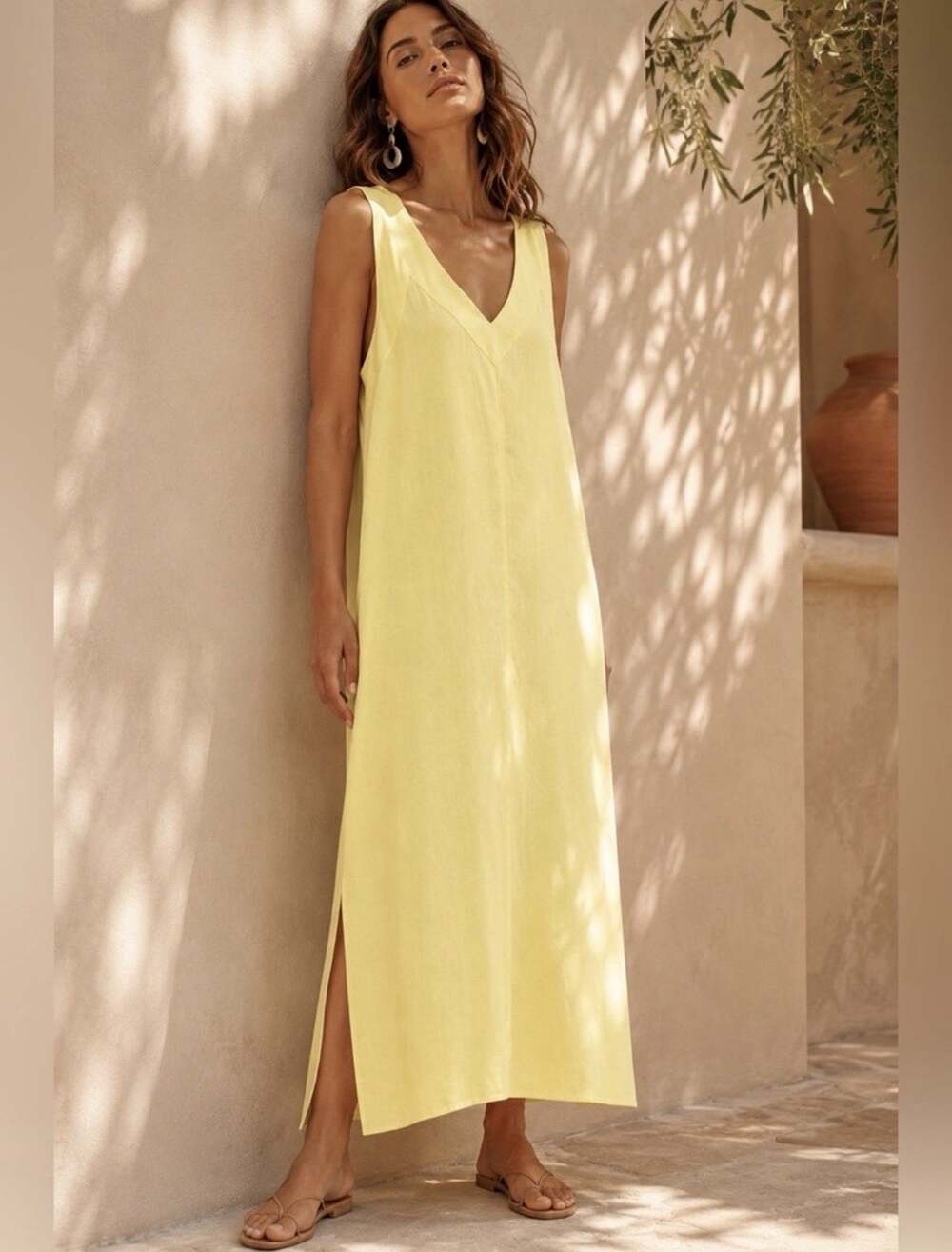 DKNY Boutique Solid V-Neck Sleeveless Maxi Dress Lightweight Side Slit Size XS